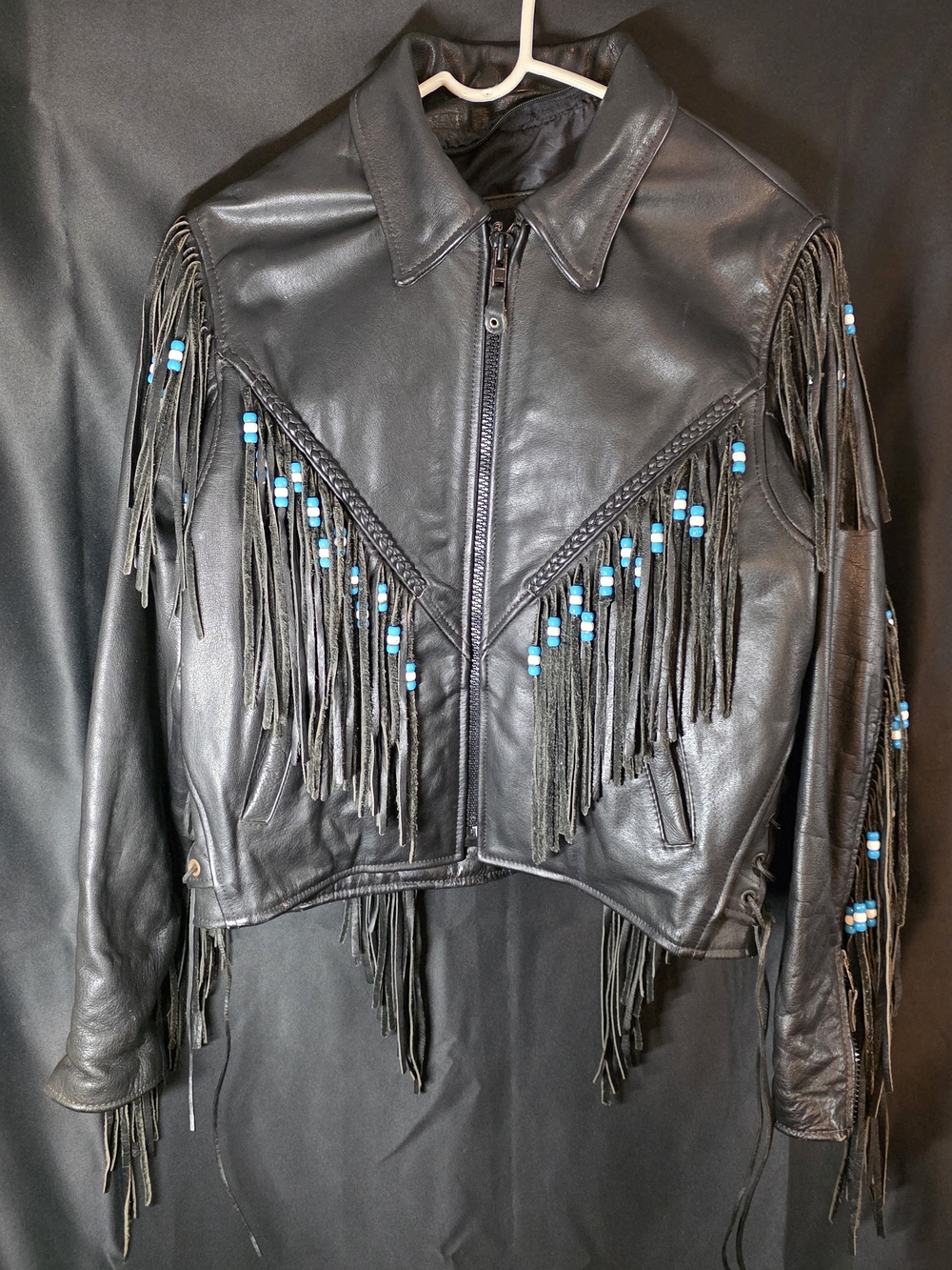 Vintage 90's Leather Gallery Black Fringe Leather Jacket with Turquoise Bead